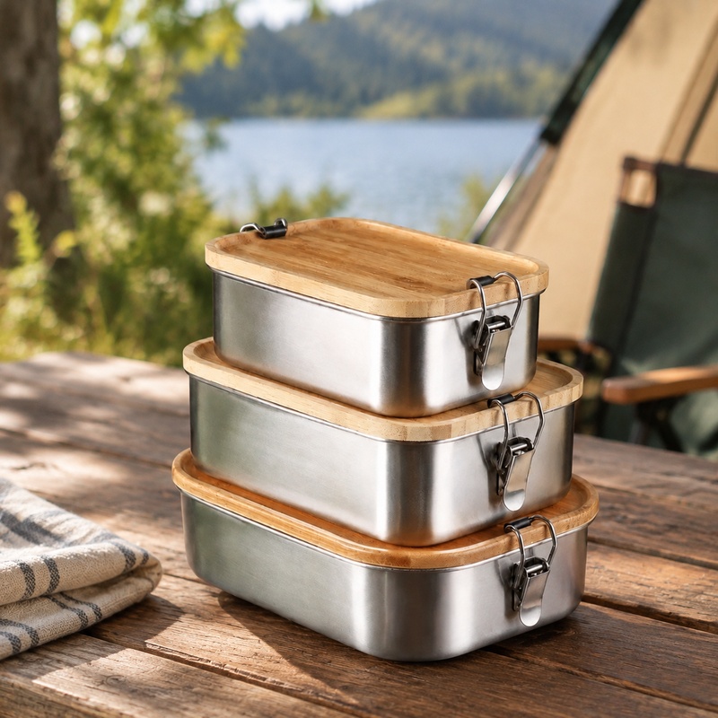 Food Storage Box Stainless Steel - Japanese Style Bento Box with Bamboo